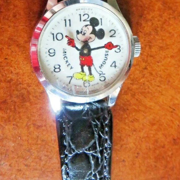 Vint 60’S BRADLEY WALT DISNEY Mickey Mouse Swiss Watch Black Leather Band Unisex main image 5